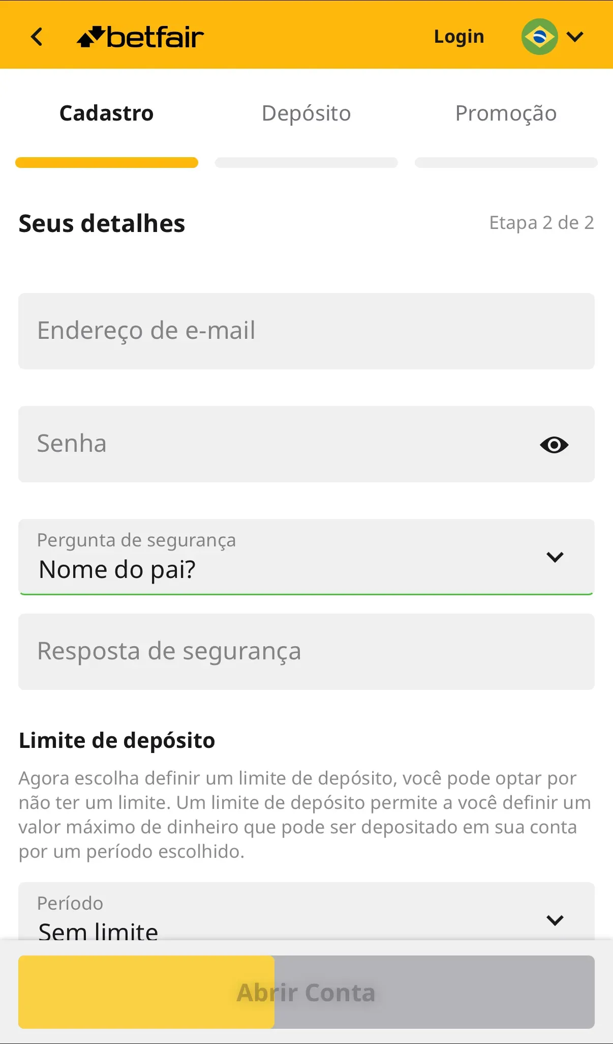 Inscrição App Betfair 2