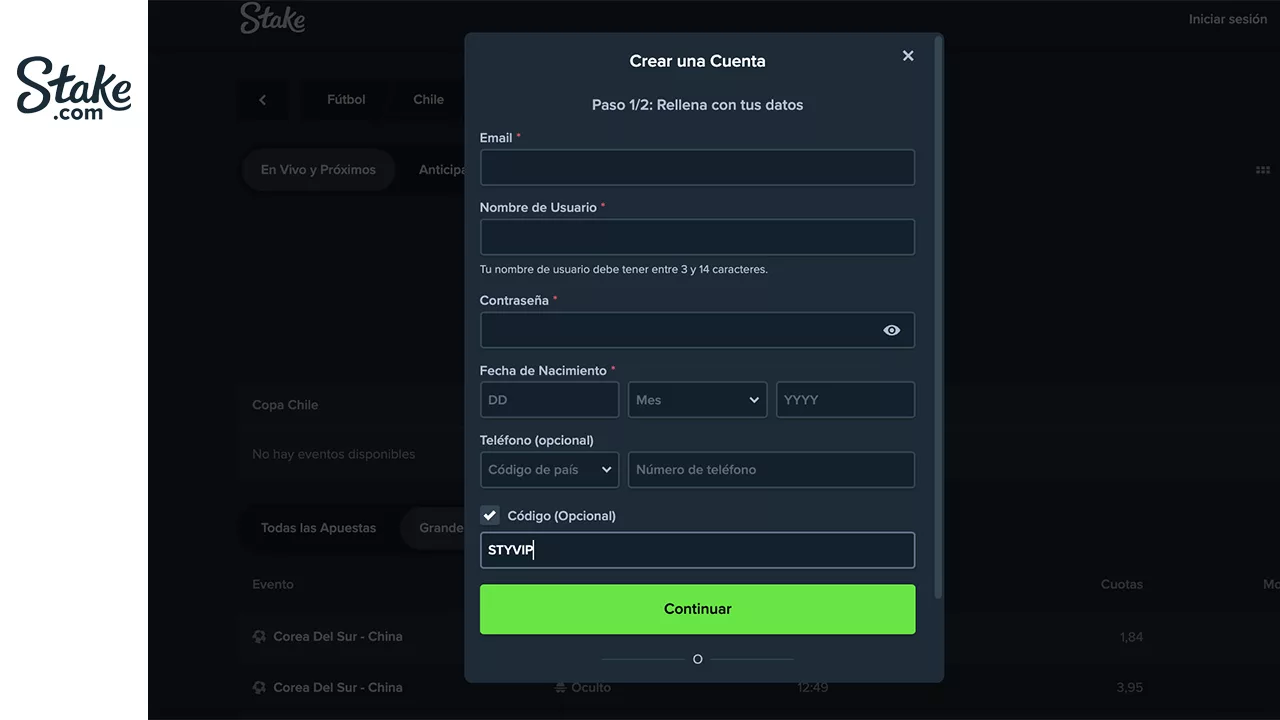 STAKE registro código promocional