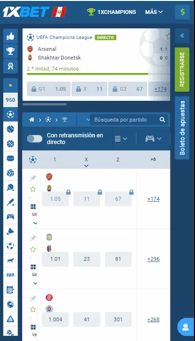 1xBet lista de partidos