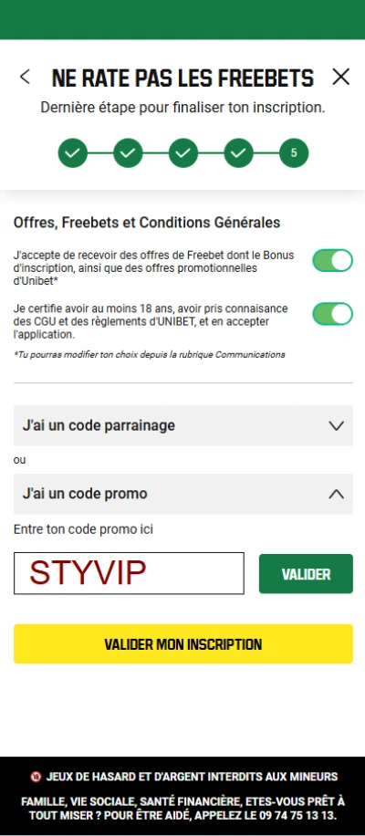 code promo unibet a mettre dans le champs code promo