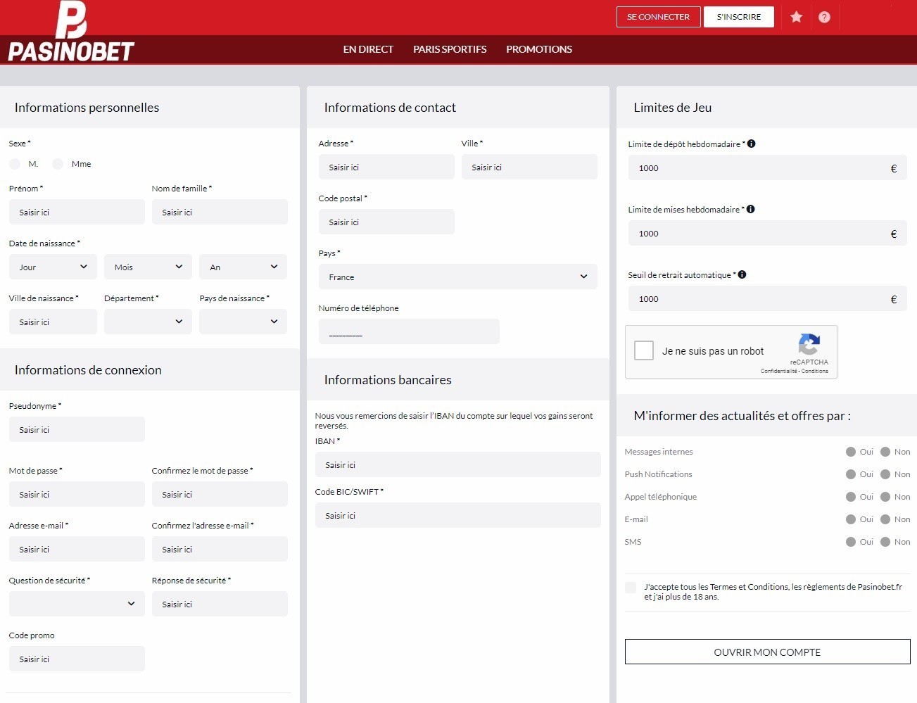Inscription Pasinobet - Formulaire officiel