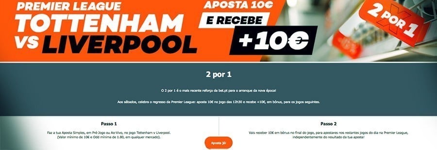 Promoção 2 por 1 da Bet.pt de 10€ - Apostar na Premier League