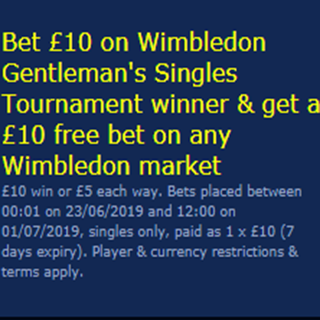 image Get a £10 Free Bet when you place a wager of the Wimbledon Men’s Singles Tournament Winner at William Hill