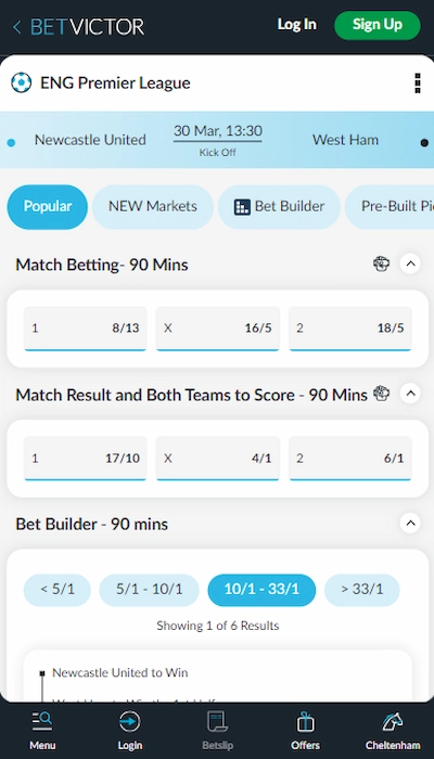 BetVictor betting on a match