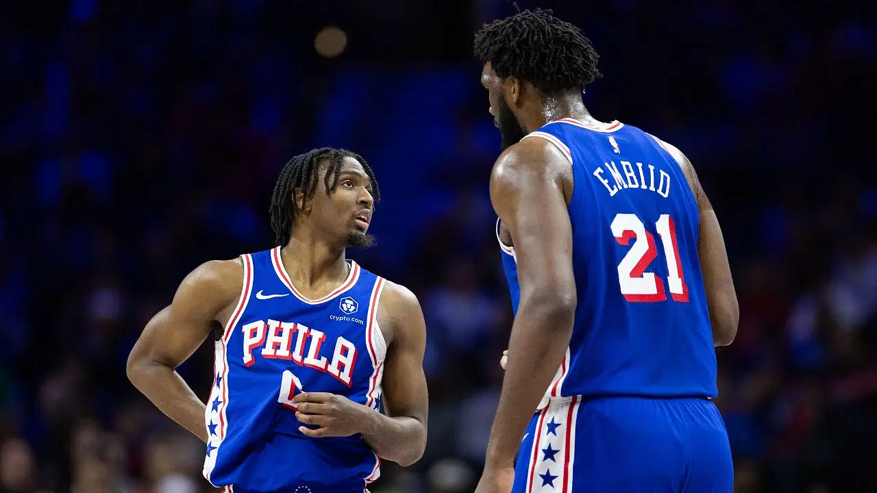 76ers guard Tyrese Maxey and Joel Embiid