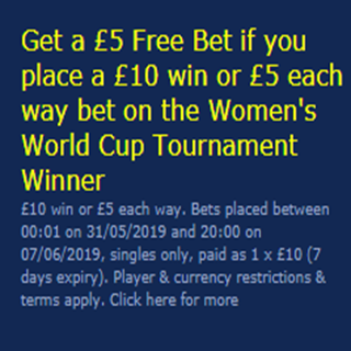 image Get a £10 Free Bet at William Hill when you place bet on the winner of the Women’s World Cup 2019