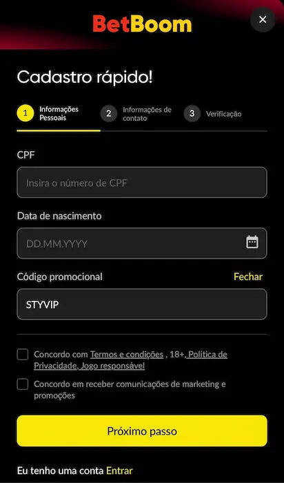 Inscrição BetBoom - 2