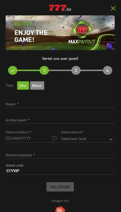 Bet777 BE: registratie stap 3