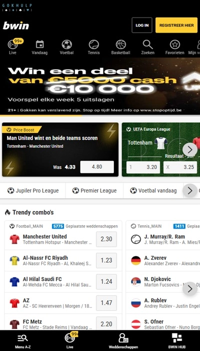 Bwin België homepagina