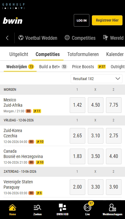 Bwin België wedstrijdoverzicht