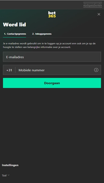 Inschrijving Bet365: e-mailadres en telefoonnummer