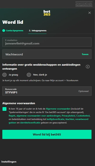 Inschrijving Bet365: voer de bonus code in