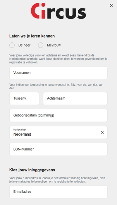 Inschrijving Circus: gegevens