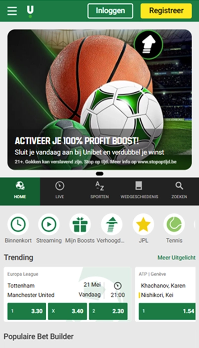 Unibet België homepagina