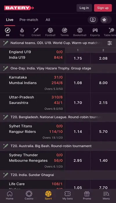 Baterybet live betting