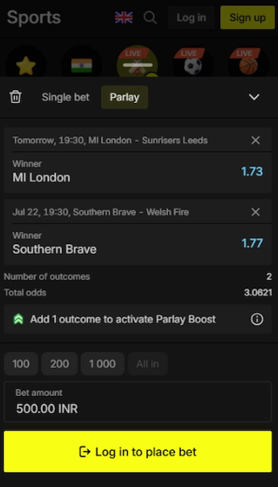 Parimatch bet slip