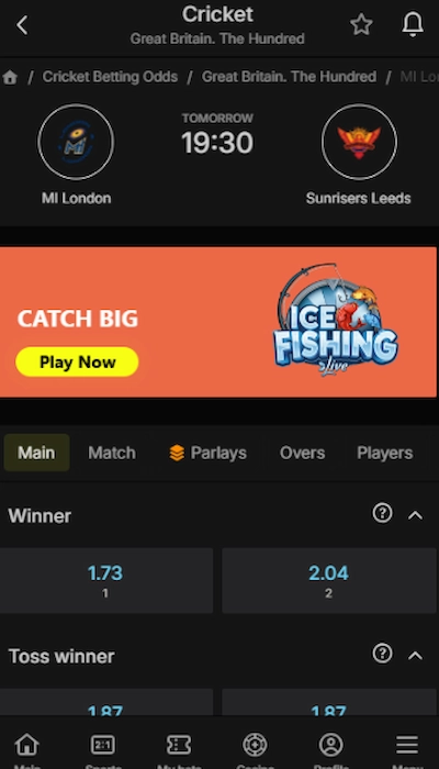 Parimatch betting on a cricket match