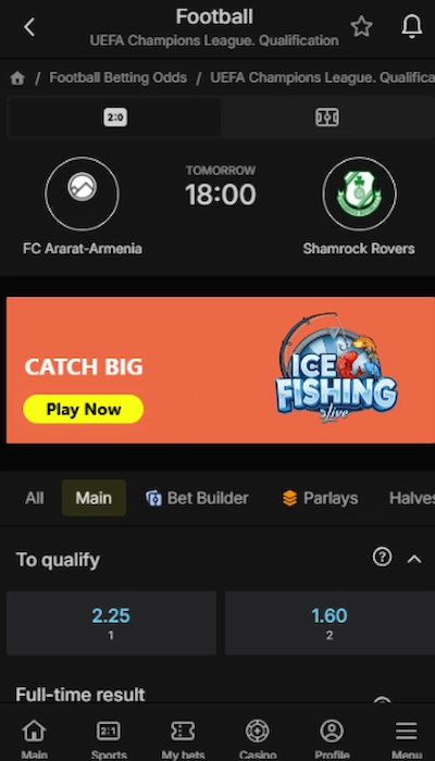 Parimatch betting on a match