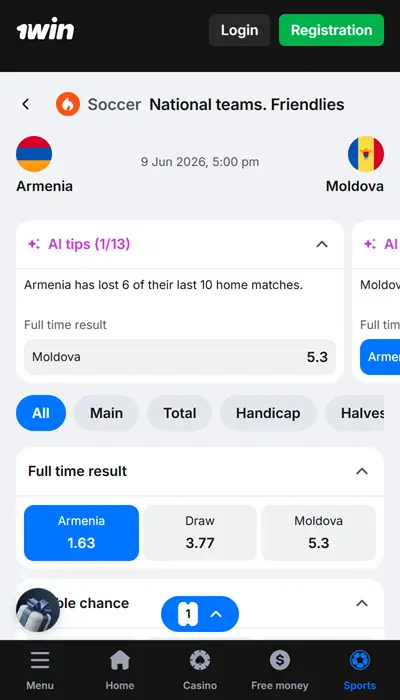 1win betting on a match