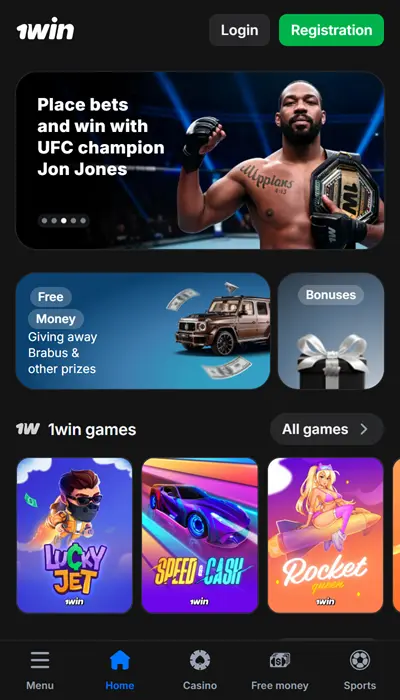 Screenshot van 1win homepagina