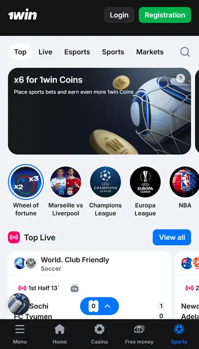 Skärmdump av 1win sportappens gränssnitt med liveodds och marknader
