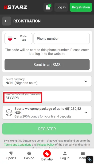 Zrzut ekranu aplikacji 888starz pokazujący interfejs logowania