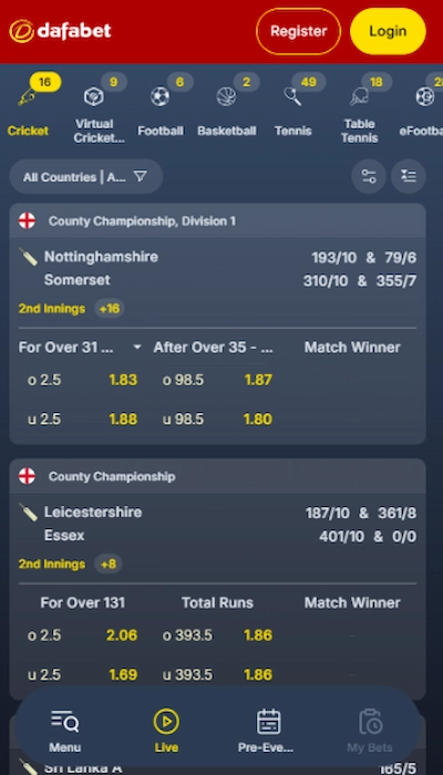 Dafabet live betting