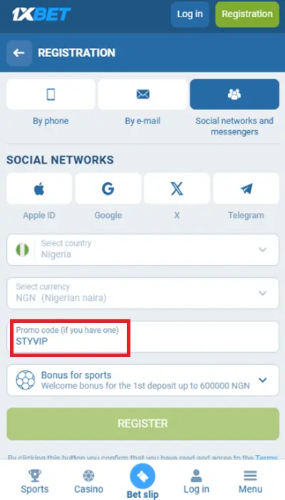 1xbet sign up