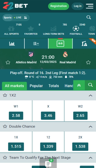 22bet betting on a match