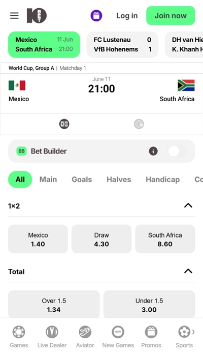 10Bet betting on a match