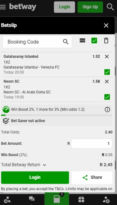 Betway bet slip