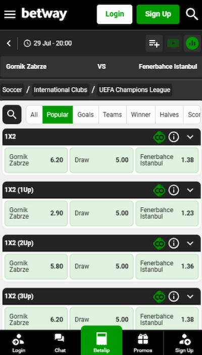 Betway betting on a match
