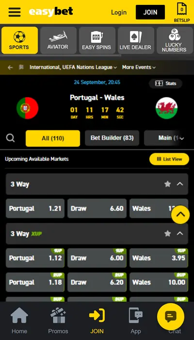 Easybet betting on a match