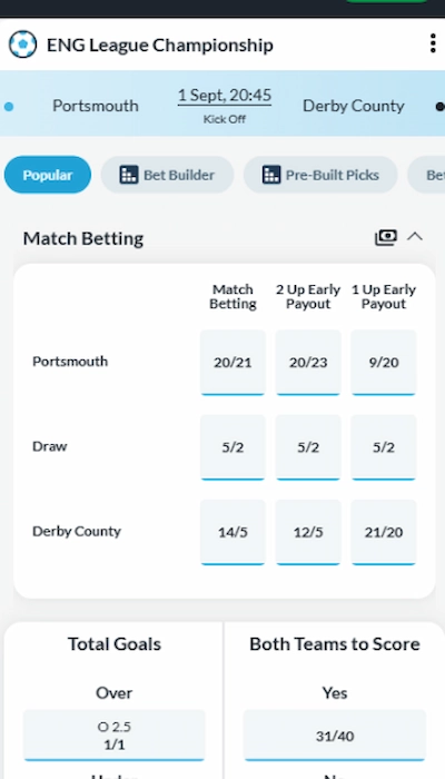 BetVictor betting on a match