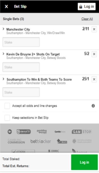 Betway bet slip