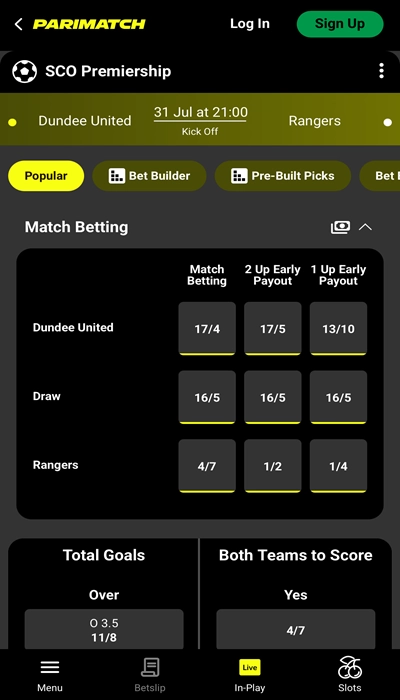 Parimatch betting on a match