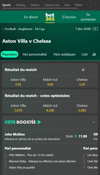 Fiche match Bet365 Afrique