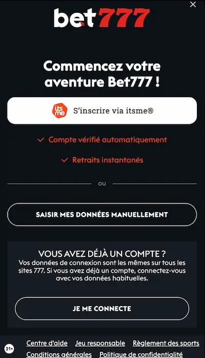 Bonus Bet777 Belgique - Inscription