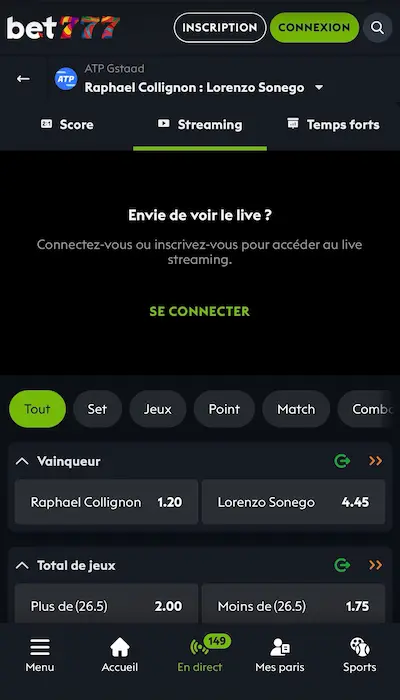 Test paris en direct sur Bet777