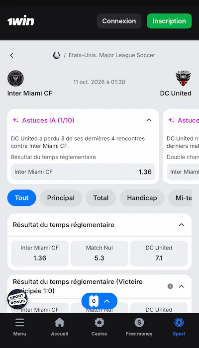 Fiche match 1win