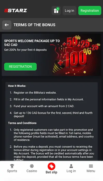 Inscription 888STARZ Canada - 2