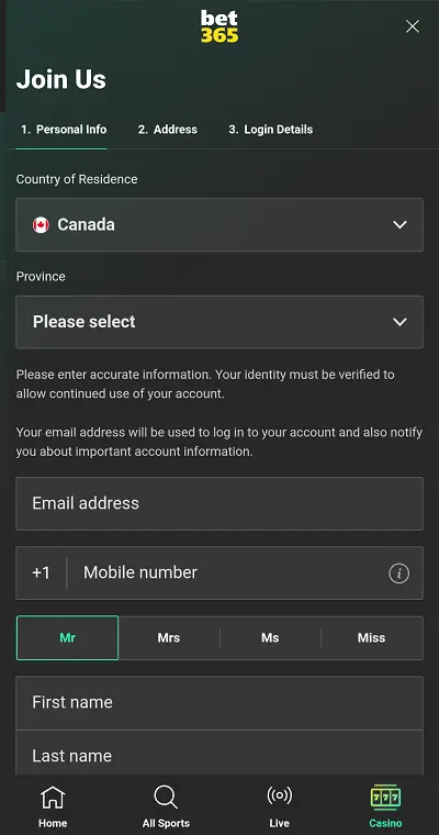 Bonus Bet365 Casino Canada - Inscription Page 1