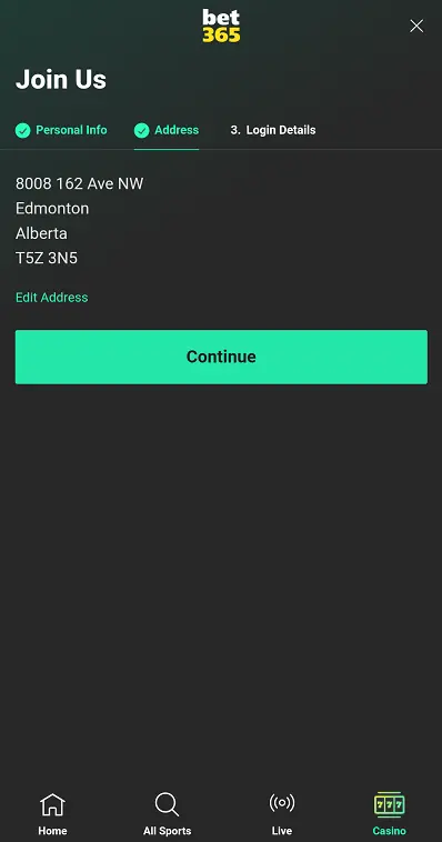 Bonus Bet365 Casino Canada - Inscription Page 2
