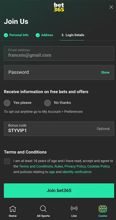 Bonus Bet365 Casino Canada - Inscription Page 3