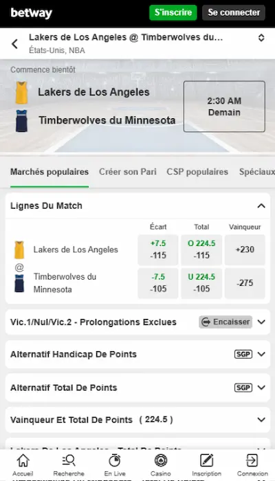 Fiche match Betway Canada