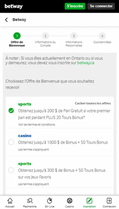 Inscription Betway Canada