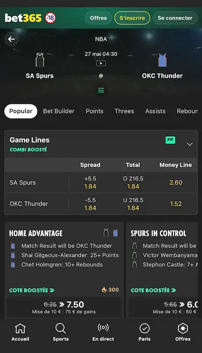 Fiche match Bet365