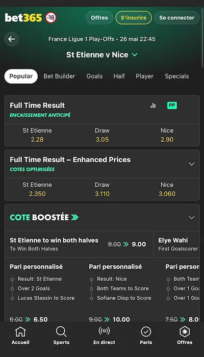 Fiche match Bet365