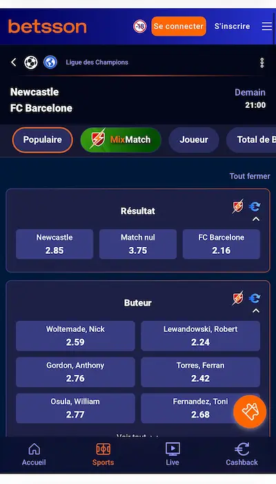 Fiche match Betsson