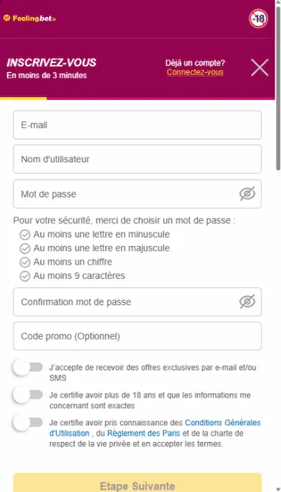 Inscription Feelingbet - informations